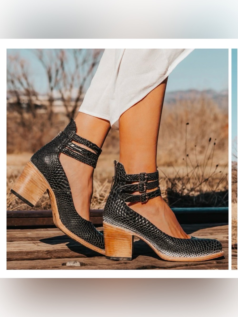 Women’s Black Textured Ankle-Strap Block Heel Pumps